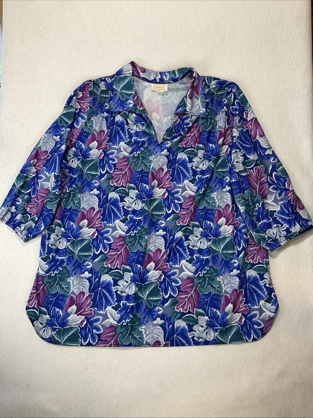 Vintage Roaman’s 3/4 Sleeve Smocked V Neck Blouse Golden Girls Grandmacore 2XL